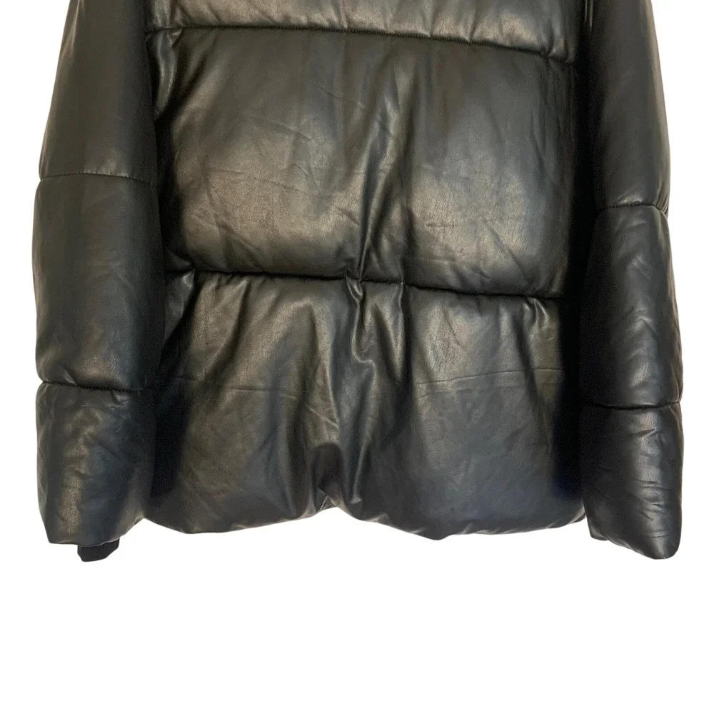 Avec Les Filles Black Puffer Jacket Women's L Large Snap Front Winter Warm Shiny
